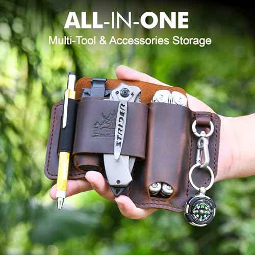 FLYHOMES Genuine Leather Multitool Sheath | Handmade Stitched Belt Organizer for Leatherman Surge | Holds Bit Kit & Extender | Flashlight Holster, Pen & EDC Tools Pouch | Dark Brown
