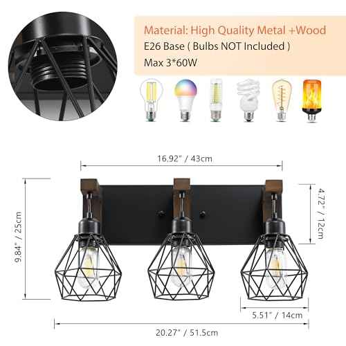 Farmhouse Bathroom Light Fixtures, 3 Light Bathroom Vanity Light, Black Rustic Wood Vanity Lights Wall Sconces with Elegant Metal Lampshade for Living Room, Bedroom, Hallway (Retro Black, 3-Light)