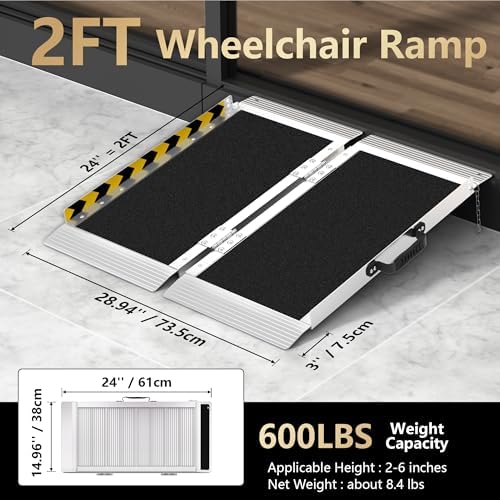 2FT Portable Wheelchair Ramp, Aluminum Wheelchair Ramps with Handle, Anti-Slip Folding Wheel Chair Ramp for Home Steps, Stairs, Entry, Threshold, Doorways, Scooter, 600LBS Capacity