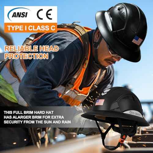Full Brim Hard Hat - ANSI Z89.1 Type 1 & OSHA Certified Safety Helmet with Visor for Construction, Lightweight HDPE Shell with 6-Point Suspension & Reflective Strips (Black)