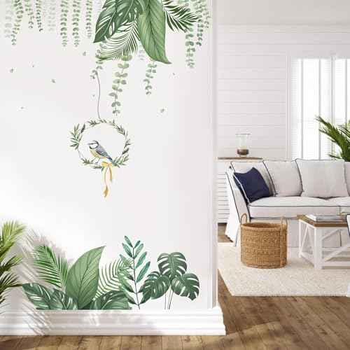 LHIUEM Green Tropical Leaves Wall Stickers Hanging Plants Green Jungle Wall Decals Parrot Wall Art Nature Hanging Vine Palm Clings for Bedroom Living Room Sofa TV Background