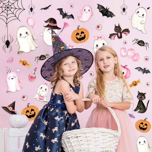 Whaline 9 Sheets Halloween Wall Stickers Pink Ghost Pumpkin Bats PVC Wall Decals Cute Self-Adhesive Decoration for Halloween Party Home Classroom Office