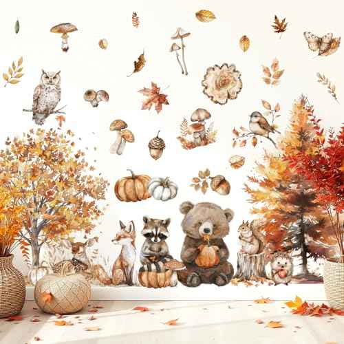 6 Sheet Fall Woodland Animal Wall Decals Autumn Forest Animal Maple Tree Mushroom Wall Cling Stickers Reusable for Thanksgiving Party Home Glass Window Decor
