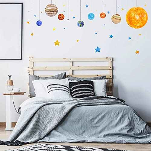 Planets and Space Wall Decals, Removable Solar System Wall Stickers, Cartoon Stars Wall D?cor, Peel and Stick Universe DIY Art Murals Vinyl Wallpaper for Kids Boys Bedroom Nursery Decoration