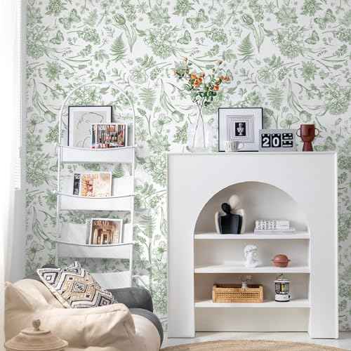Peel and Stick Wallpaper Floral White Green Flower Contact Paper Butterfly Boho 78.7" x 17.3" Removable Wallpaper Self-Adhesive for Bedroom Waterproof Shelf Liner Decal Vinyl Roll