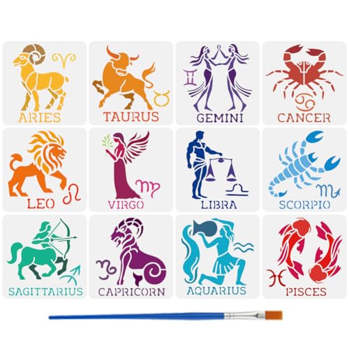 FINGERINSPIRE 12 PCS Twelve Zodiac Figures Stencil with Brush 5.9x5.9inch Zodiac Constellation Symbols Stencil Decoration Fantasy Theme Template for Painting on Wood Canvas Fabric Wall Furniture