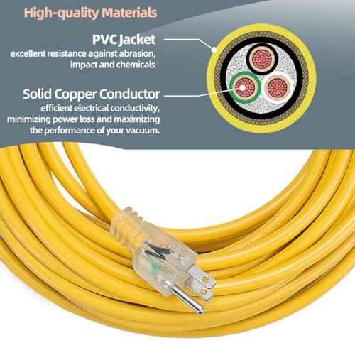 50ft 101678 Extension Cord Compatible with Pro Team Backpack Vacuum - Vacuum Cleaner Parts Replacement Heavy-Duty 16 Gauge Extension Power Cord Compatible with Pro Team Vacuum - Yellow