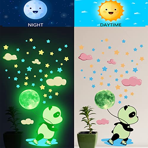Glow in The Dark Panda Wall Stickers,38 Pcs Fluorescence Animal Star Moon Cloud Decals Girls Baby Kids Bedroom Nursery Classroom Luminous Wall Decorations