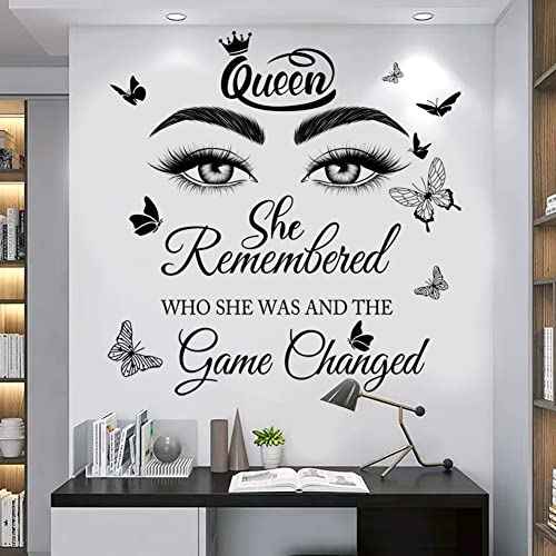 Inspirational Quotes Wall Decals Eyelash Eyes Wall Stickers Positive Lettering Saying Queen She Remembered Who She Was and the Game Changed Wall Art Sticker for Women Girls Bedroom Living Room Decor