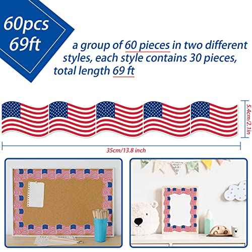 Whaline 69Ft 4th of July Bulletin Board Border 60 Sheet Patriotic American Flag Trim Border Stickers Self-Adhesive USA Flag Border Decals for Independence Day Memorial Day Classroom Decoration