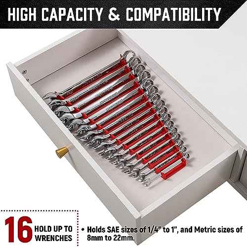 ALOANES 64-Slot ABS Plastic Wrench Organizer, Standard Hanging Wrench Organizer for Tool Box and Wall, Fit SAE & Metric Wrench Storage, 4 Pack Lightweight Wrench Holder(Red)
