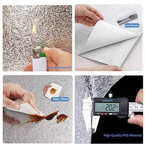 Kitchen Wallpaper Oil Proof Sticker Backsplash Aluminum Foil Self-Adhesive Paper Silver Cabinet Liner Shelf Liner Waterproof and Heat Resistant Peel and Stick Backsplash(15.7X118 Inches)