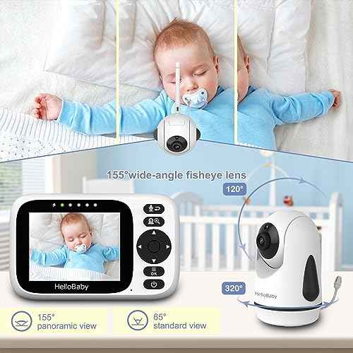 HelloBaby Baby Monitor with Camera and Audio, 3.2'' IPS Screen, No WiFi, 2-Way Talk, Night Vision, Remote Pan-Tilt-Zoom, VOX/ECO Mode, 8 Lullabies, 1000ft Range, Temperature Display, HB6339