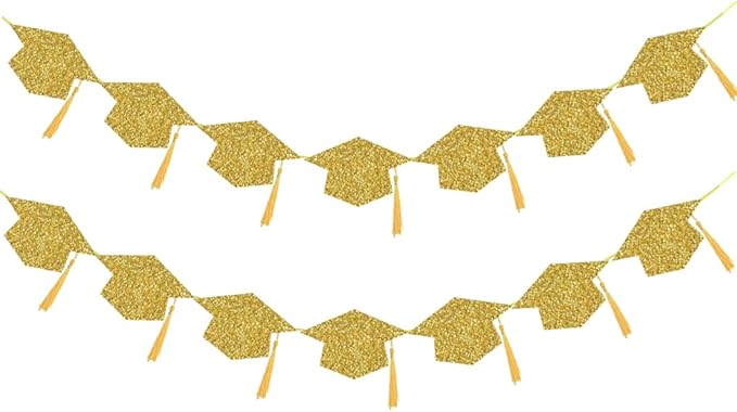 2026 Graduation Hats Decoration Banners Gold Glitter Graduation Cap with Tassel Banners Garlands Class of 2026 Graduate Party Banners for College High School Party Decorations