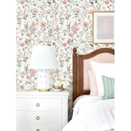 Orainege Pink Floral Peel and Stick Wallpaper Removable Self Adhesive Wallpaper 16.9inx118.1in Modern Wall Paper for Bedroom Bathroom Green Leaf Contact Paper for Cabinets
