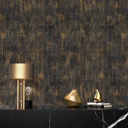 GaliGali Peel and Stick Wallpaper,Vintage Metal Self-Adhesive Wall Paper, Industrial Metal Concrete Gold Black Modern Stick Removable Wallpaper Contact Paper 17.3"x118", No.A07019J-3