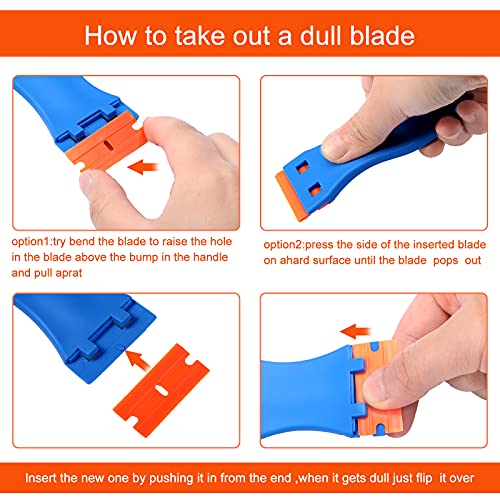 Plastic Razor Blade Scraper, 4 Pieces Scraper Tools with 100 Pieces Plastic Blades for Gasket Remover, Stickers, Decals, Adhesive, Labels, Paint, Glass, Car, Windows