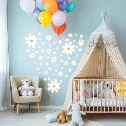 TaoBary 288-Piece Daisy Wall Decals - White Flower Wall Stickers, Peel & Stick Floral Wall Decor for Kids, Girls Nursery, Playroom, Bedroom & Living Room