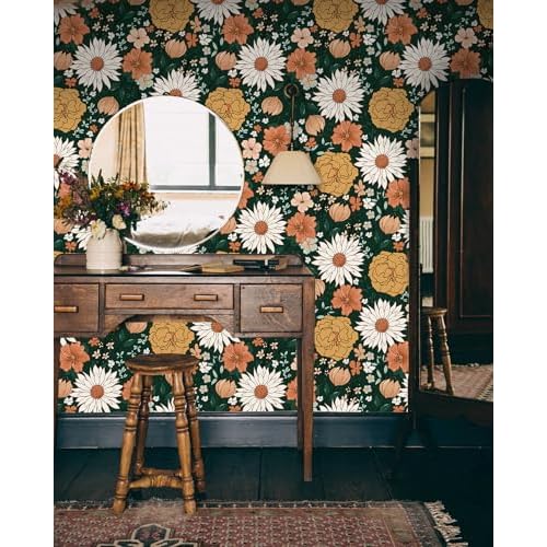 HAOKHOME Vintage Wallpaper Peel and Stick Floral Boho Moody Wall Paper Removable for Bathroom Contact Paper Green/Terracotta 17.7in x 6.6ft