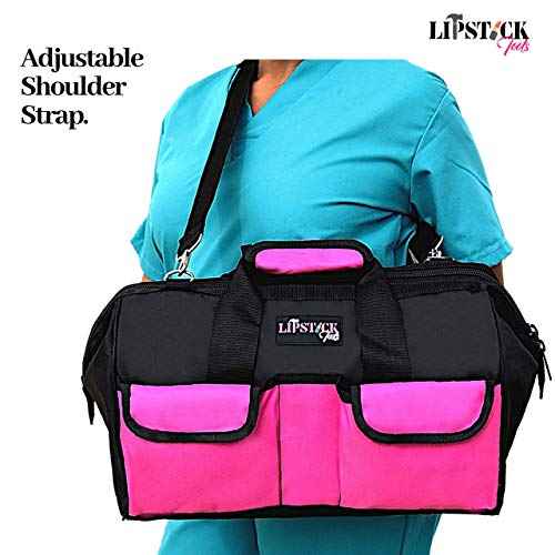 18-Inch Multi-Purpose Zip-Top Pink Storage Wide Mouth Tool Bag Organizer. Great for Home Improvement/Contractors Tools. Heavy Duty Storage Pockets and Shoulder Strap.
