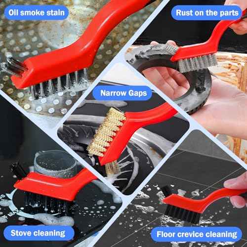 Wire Brush Set, 3 Pcs Stainless Steel/Brass/Nylon Wire Brushes for Cleaning with Curved Handle Grip for Rust Removal, Dirt, Paint Scrubbing(Red)