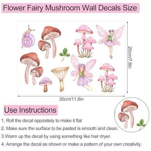 9 Sheet Fairy Mushroom Wall Decal Woodland Pink Mushroom Spring Floral Mural Sticker Peel and Stick Forest Nursery Wallpaper Decal for Bedroom Living Room Playroom Decor
