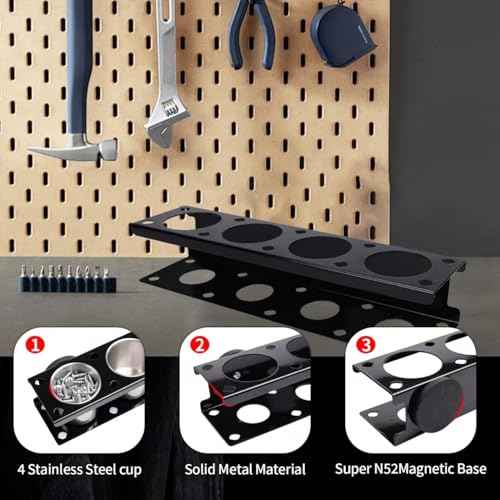 Magnetic Power Tool Organizer Rack - Heavy Duty Metal Organizer Rack for Cordless Drill,Screwdriver,Screw with 4 Stainless Steel cup for Tool Cart,Pegboards,Workbench,Garage,Toolbox