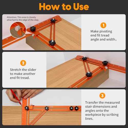 Stair Tread Template Tool, Stairs Treads Jig Stair Tread Gauge Aluminum Alloy Ruler with Angled Brace and Edge Flip Stops Adjusting Length from 12" to 60", Stair Tools Measuring Gauge