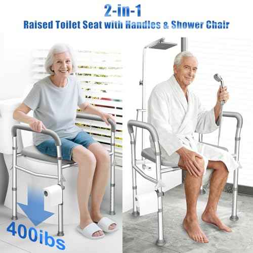Raised Toilet Seat with Handles,2-in-1 Shower Chair & Toilet Seat Riser for Seniors, 8-Level Height & 3-Level Width Adjustment, Fits Must Body Sizes and Toilets, for Pregnant & Disabled
