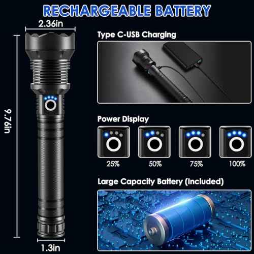 Flashlights High Lumen Rechargeable, Heavy Duty Rechargeable Flashlights, Adjustable Focus Tactical Flashlight with 5 Modes, Super Bright Flashlight for Home Camping