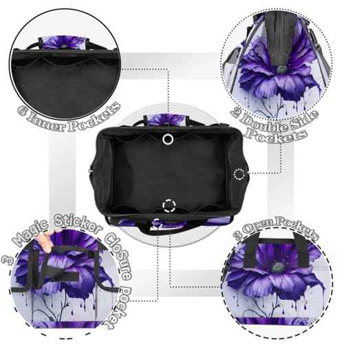 15 Inch Tool Bag 14-Pockets Tool Box Organizer for Men Big Floral Purple Tool Tote Bag Waterproof Toolbox with Shoulder Strap Heavy Duty Garden Tool Organizer for Mechanic