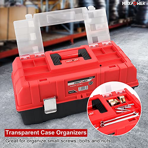 MAXPOWER 16-Inch Tool Box, Three-Layer Folding Plastic Storage Toolbox, Multi-Function Organizer with Tray and Dividers