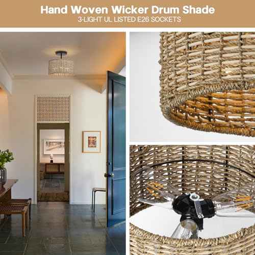 Boho Light Fixtures Ceiling Mount,12.6" Rattan Ceiling Light Fxiture,3-Light Semi Flush Mount Light Fixture,Farmhouse Wicker Ceiling Light for Hallway Bedroom Kitchen Nursery Entryway