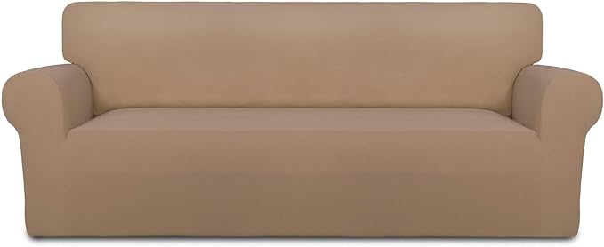 PureFit Super Stretch Sofa Slipcover – Spandex Non Slip Soft Couch Sofa Cover, Washable Furniture Protector with Non Skid Foam and Elastic Bottom for Kids, Pets （Sofa, Camel）
