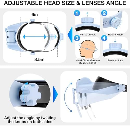 Magnifying Glass with Light, Magnifying Glasses for Close Work 1X-14X, Magnifier Headset with 2pcs Detachable Lights,Upgraded USB C Charge Built-in 500mAh Suit for Crafts Hobbies Cross Stitch