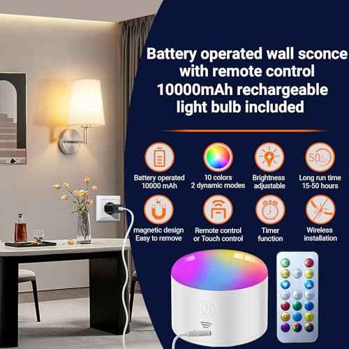 Wall Sconce Battery Operated Wall Light Fixure with Remote Control, Dimmable Battery Operated Wall Sconces Set of Two, Indoor Wireless Wall Mounted Lamp with Rechargable Bulb for Bedroom Living Room