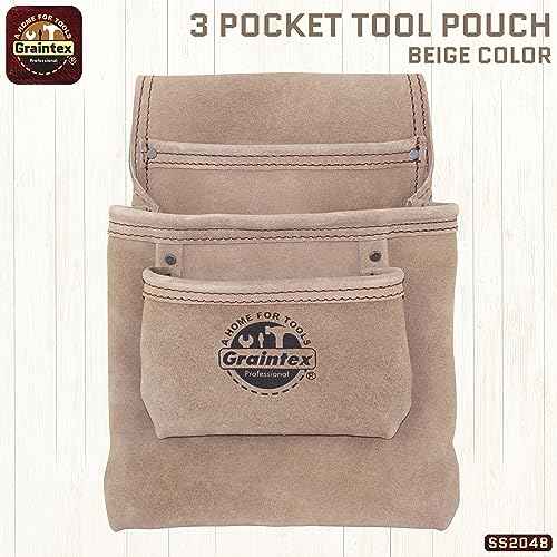 Graintex SS2048 3 Pocket Nail & Tool Pouch Beige Color Suede Leather for Constructors, Electricians, Plumbers, Handymen