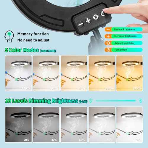 12X Magnifying Glass with Light and Clamp, Ultra Long 3-Section Arm LED Lighted Desk Magnifier, Helping Hand Solder Station, 5 Color Stepless Dimming, 4-Way Large Clip for Craft Workbench Repair