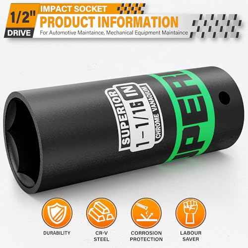 1/2" Drive Impact Socket, 1-1/16 inch Deep Socket, SAE, 6 Point, CR-V, for Car Repair, Loosen the Fastening Nut