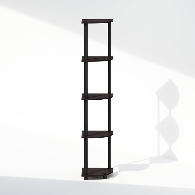 Furinno Turn-N-Tube Storage Shelves, 5-Tier Book Shelf, Corner Shelf, Toolless Open Shelves, for Organization and Storage, Living Room, Home Office, Hallway, Bedroom, Dark Walnut