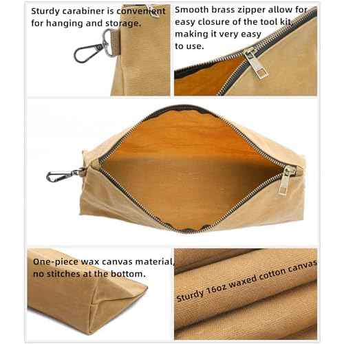 Waxed Canvas Tool Pouch, Heavy Duty Tool Bag with Smooth Zipper & Multipurpose Pouch Tote Bag with Carabiner