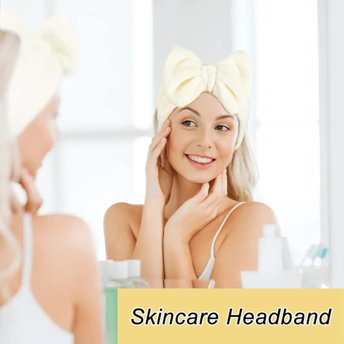 Shintop Spa Headband Soft Carol Fleece Makeup Headband with Cute Bow Elastic Hairand for Washing Face Skincare Facial Mask Bath GiftÃ¯Â¼ÂCreamy WhiteÃ¯Â¼Â