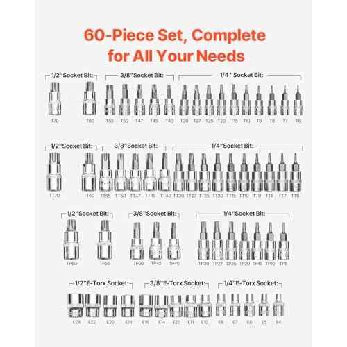 VEVOR Torx Bit Socket and External Torx Socket Set, 60-Piece T6-T70, TT6-TT70, TP8-TP60, E4-E24, S2 Alloy Steel and Cr-V Steel, 1/4 in, 3/8 in, and 1/2 in Drives, with Enhanced Storage Case, Hand Use