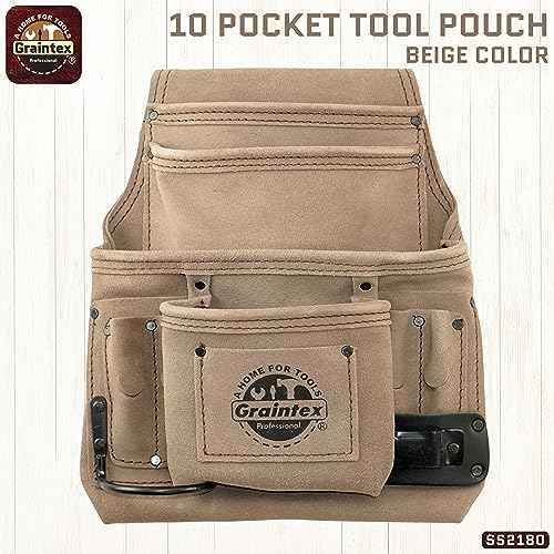 Graintex 10 Pocket Nail & Tool Pouch, Suede Leather Tool Bag, Tool Belt for Constructors, Electricians, Handymen, HVAC Tools, Professional Organizer with Adjustable Fit