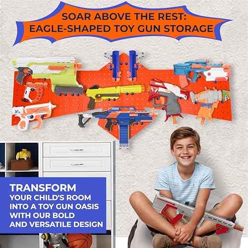 Skywin Wooden Pegboard for Nerf Gun Storage, Nerf Gun Wall Mount Eagle Shape, Compatible with All Blasters, Rack for Wall Organization (Orange)