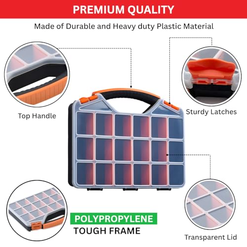 Andalus Tools Organizer Box, Small Parts Storage 18-Compartment Portable Hardware Organizer Removable Plastic Dividers for Screws, Nuts, Bolts, Nails ? Orange (2 Pack, 12.75" x 10" x 1.75")