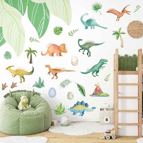 Wall Decals for Kids Room - Self Adhesive Removable Dino Palm Tree Wall Stickers, Jungle Nursery Bedroom Playroom Classroom Decor, Easy Peel & Stick Boys/Girls Home Art