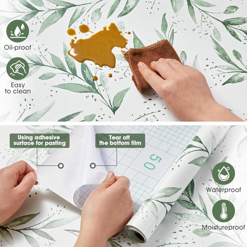 Beautyhero Peel and Stick Wallpaper 17.7 x118.1 Inch Olive Green Leaf Wallpaper Floral Contact Paper Bathroom Vinyl Removable Modern Farmhouse Sage Green Wall Paper Self Adhesive Neutral
