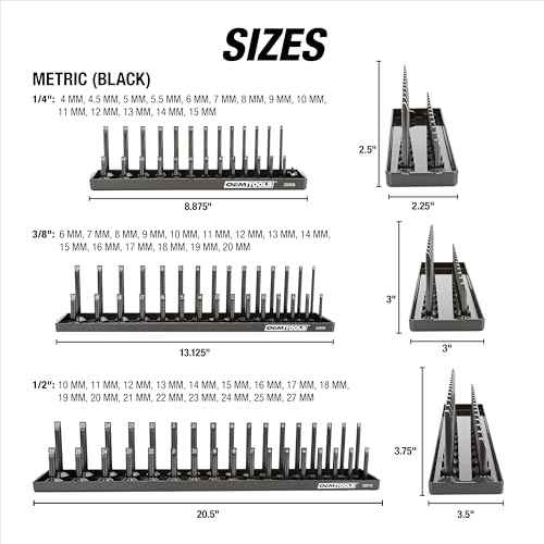 OEMTOOLS 22211 3-Pc Socket Organizer (Metric), Socket Holder for Organizing 1/4", 3/8", and 1/2" Sockets, Labeled Posts, Secure Fit, Sizes 4 mm to 27 mm