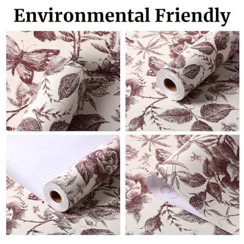 Peel and Stick Wallpaper Contact Paper for Cabinets Drawers Red Maroon Rose Butterfly Floral Vintage 15.7x118in Self Adhesive Wall Removable Desk Bedroom Moody Renter Friendly Modern Flower
